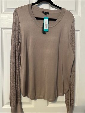 Lacy-Sleeve Crewneck Sweater in Beige by Lety & Me